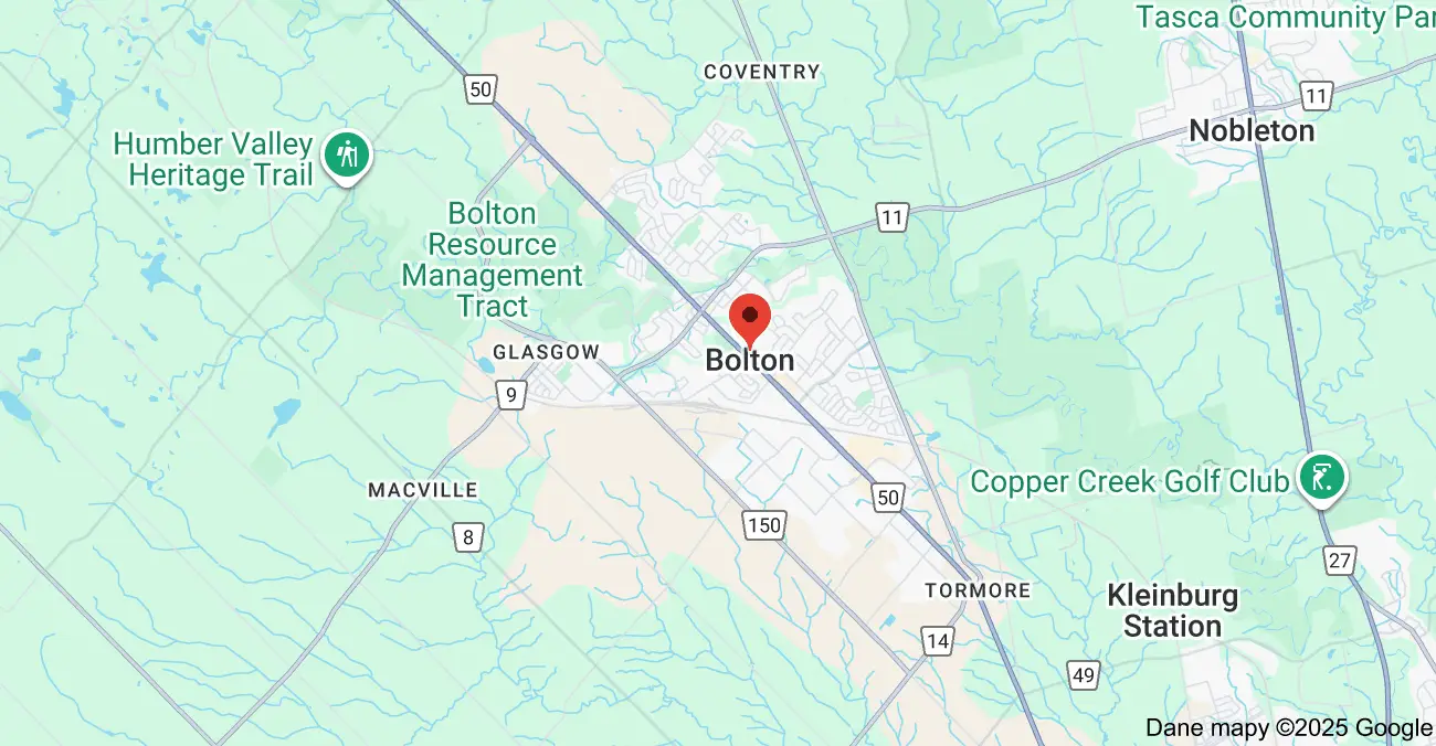 Service area map showing garbage bin rental coverage across Bolton Ontario, including Queen Street, King Street, and Highway 50.