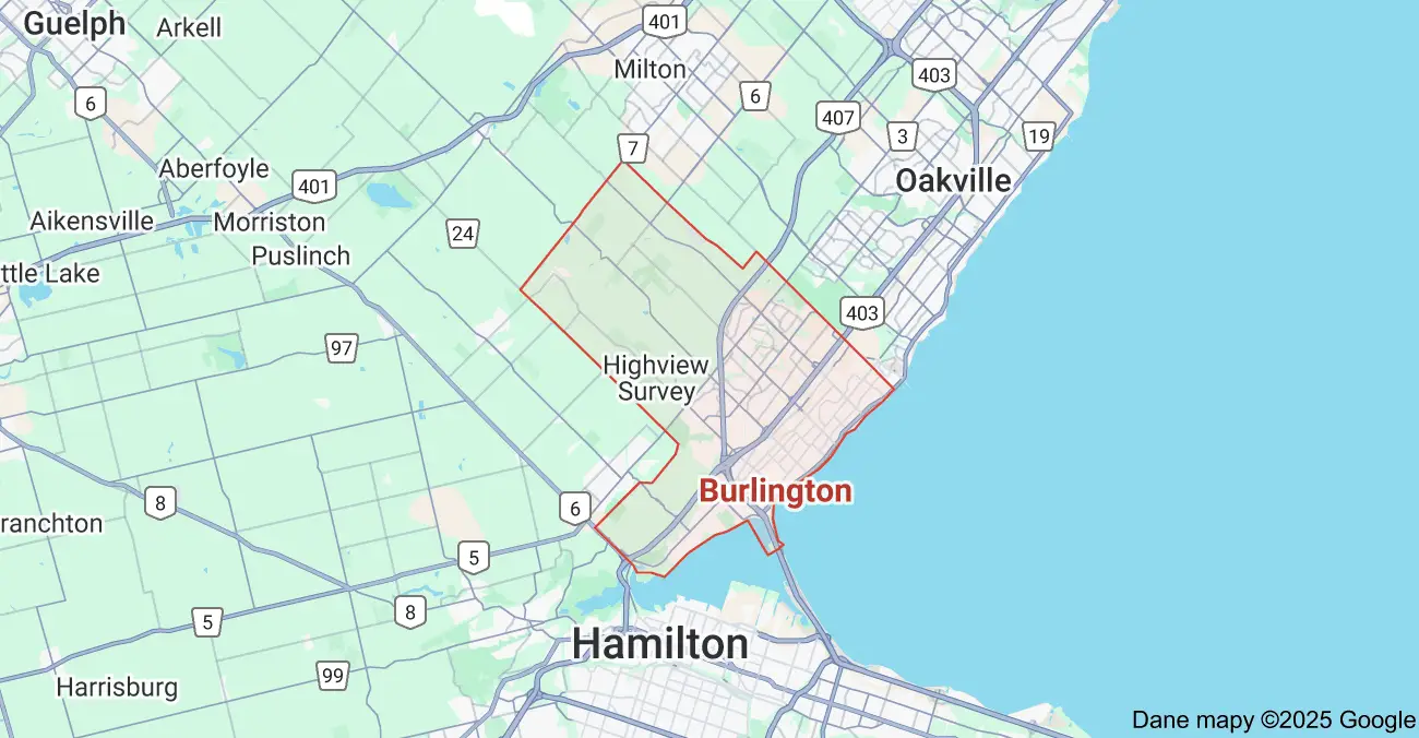 Service area map showing garbage bin rental coverage across Burlington neighborhoods, including Aldershot, Millcroft, Alton Village, and Roseland.