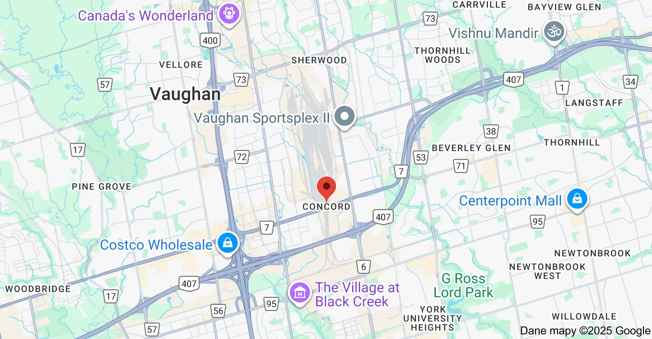 Map showing garbage bin rental coverage across Concord Vaughan, including Highway 7, Keele Street, and nearby industrial areas.