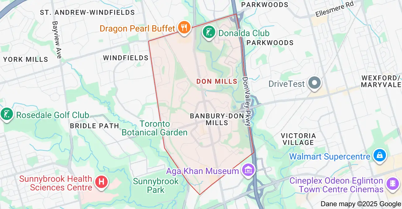 Service area map showing garbage bin rental coverage across Don Mills Toronto, including Lawrence Avenue, Don Valley Parkway, and Shops at Don Mills.