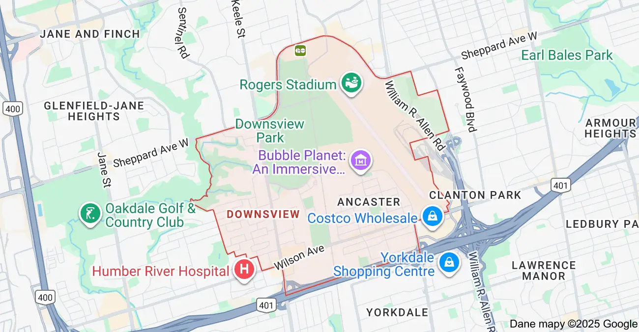 Service area map showing garbage bin rental coverage across Downsview Toronto, including Keele Street, Sheppard Avenue, and Downsview Park.