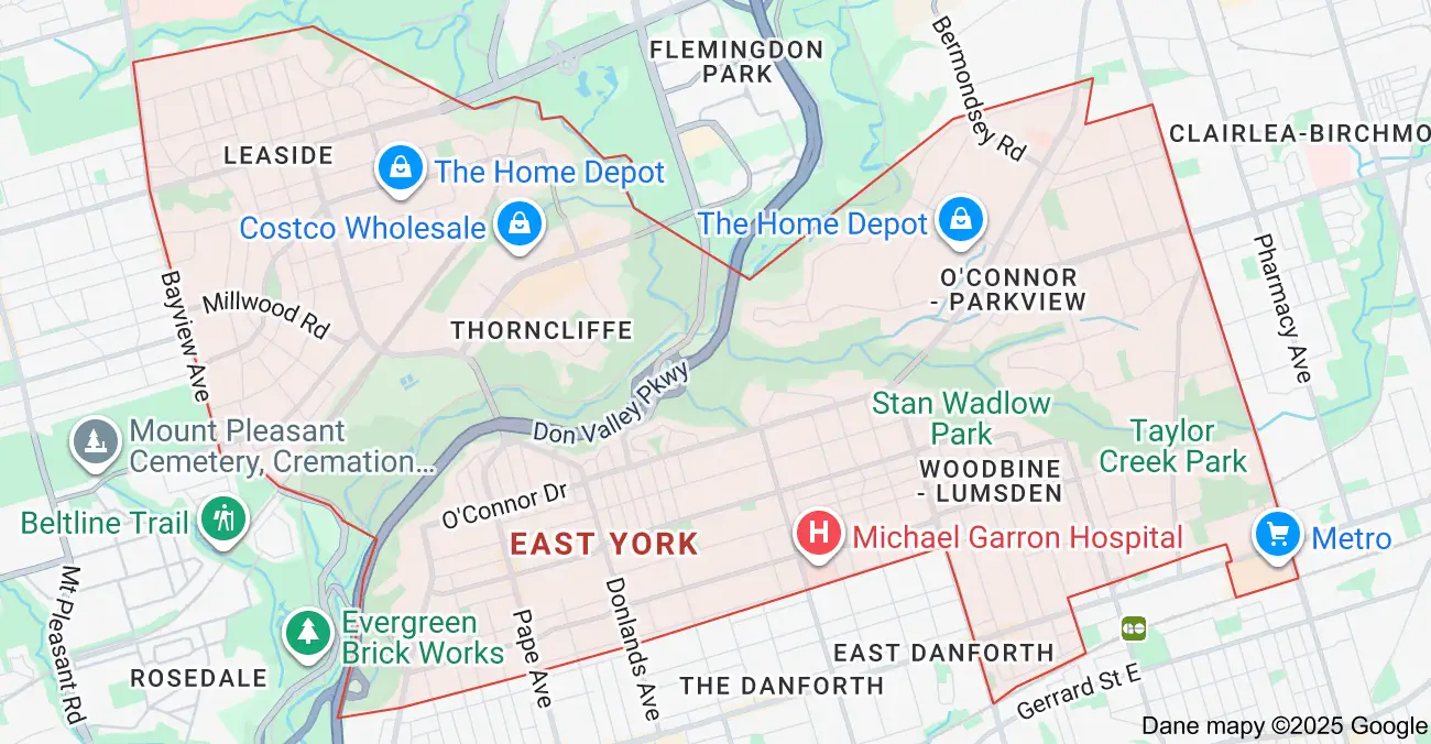Service area map showing garbage bin rental coverage across East York Toronto, including Leaside, Thorncliffe, Danforth Village, and O’Connor.