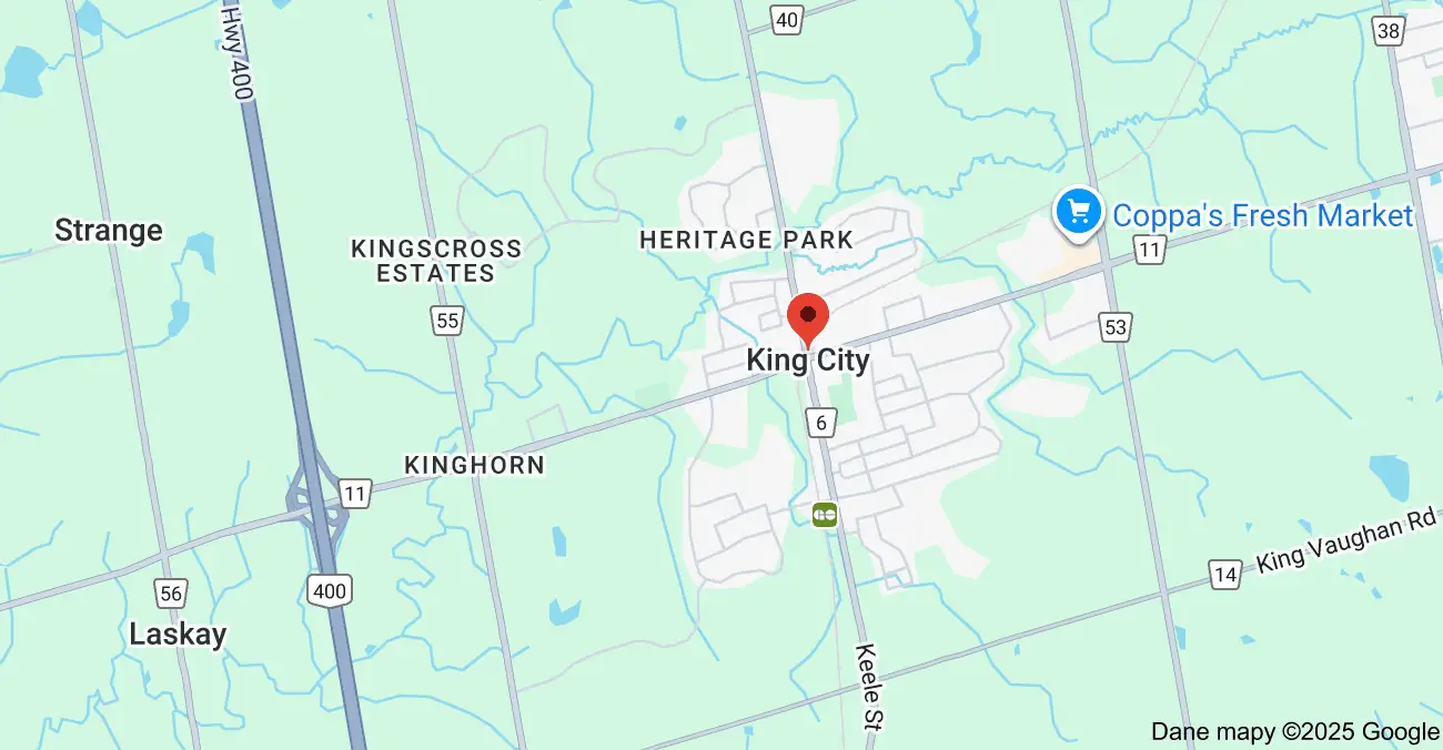 Service area map showing garbage bin rental coverage across King City Ontario, including King Road, Keele Street, and Jane Street.