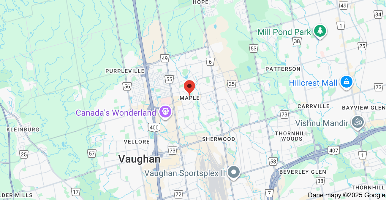 Service area map for garbage bin rental in Maple Vaughan, including nearby areas like Rutherford, Teston, and Dufferin Hill.