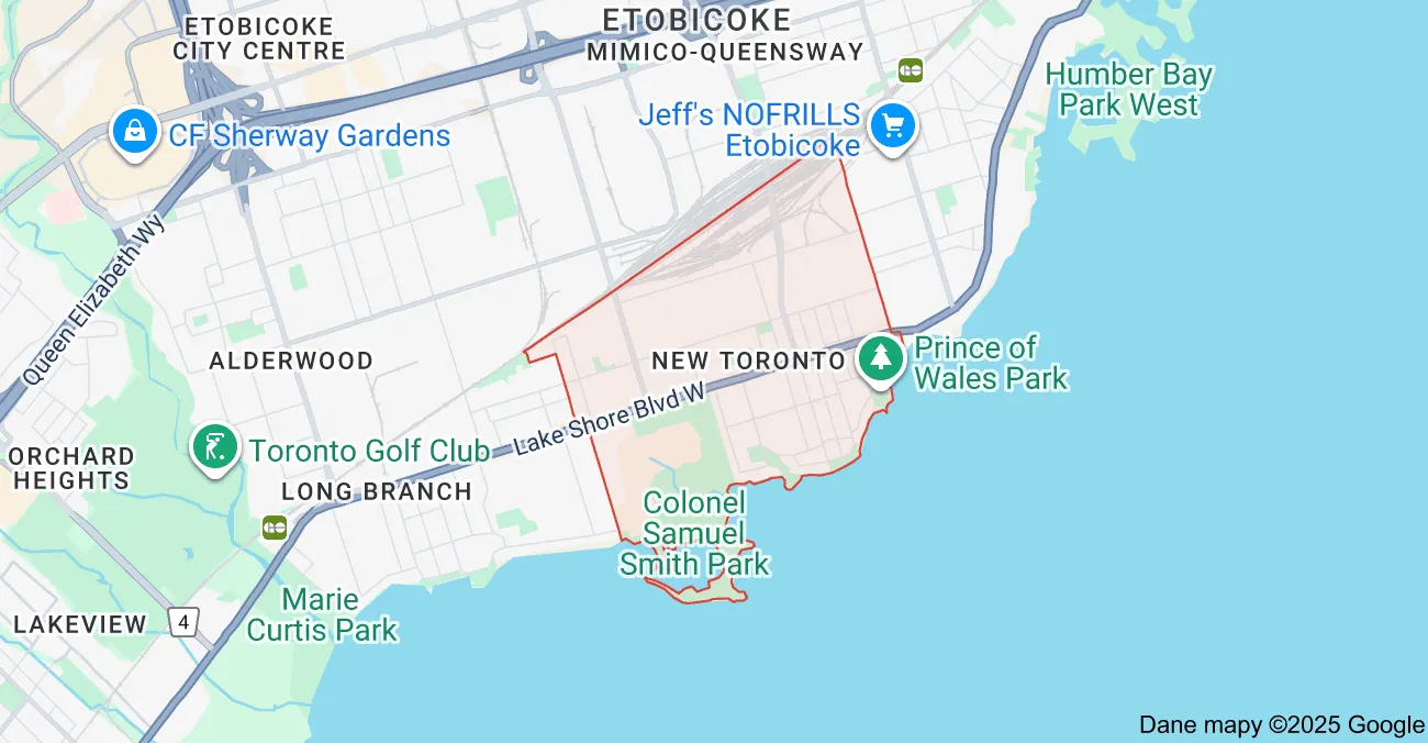 Service area map showing Flat Rate Bin garbage bin rental coverage in New Toronto Etobicoke