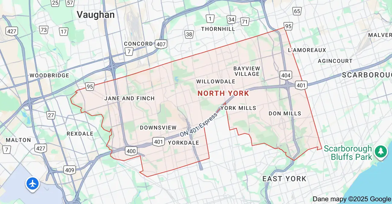 Service area map showing garbage bin rental coverage across North York, including Willowdale, Don Mills, Bayview Village, and Downsview.