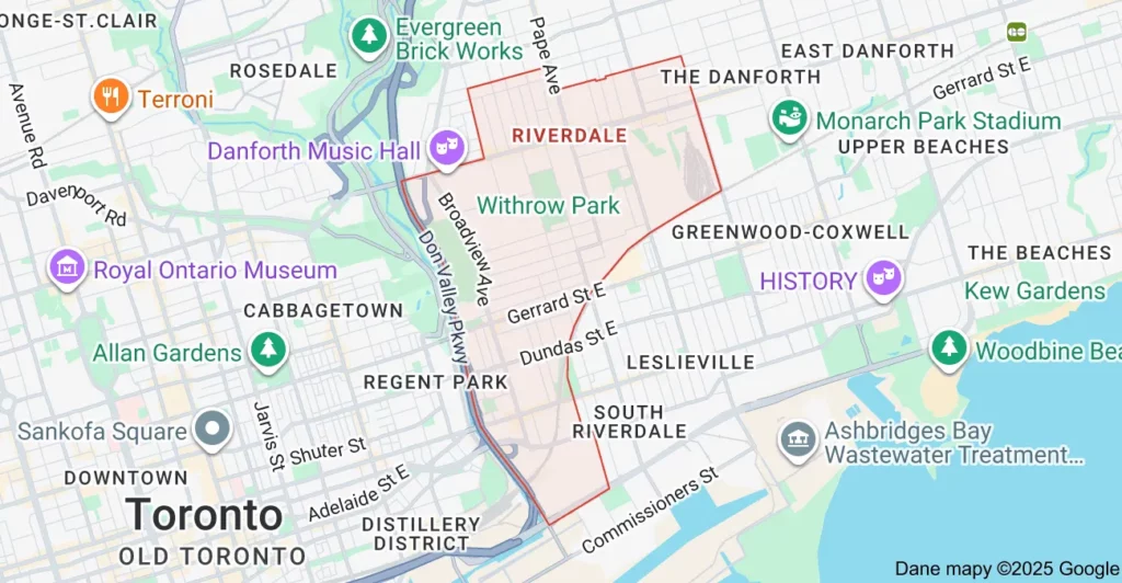 Service area map showing Flat Rate Bin garbage bin rental coverage in Riverdale Toronto