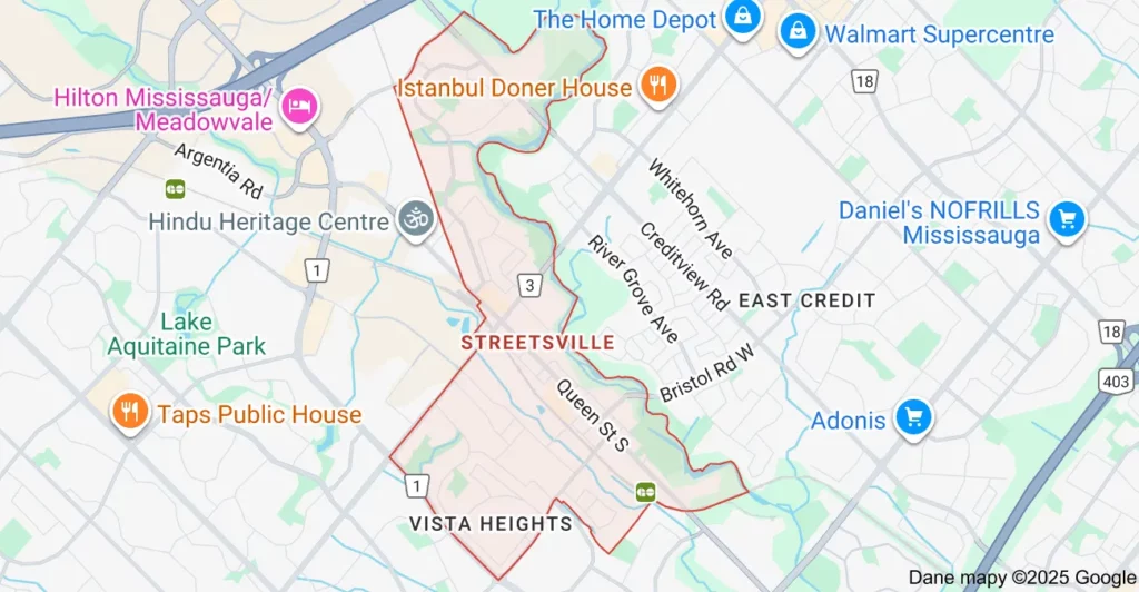 Streetsville Mississauga Garbage Bin Rental Service Area Map Service area map showing Flat Rate Bin garbage bin rental coverage in Streetsville Mississauga