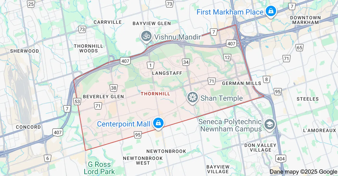 Service area map showing garbage bin rental coverage across Thornhill Vaughan, including Centre Street, Bathurst Street, and Dufferin Street.