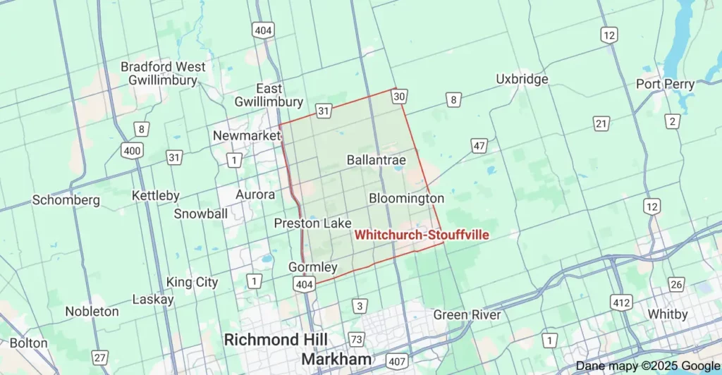 Service area map showing garbage bin rental coverage across Whitchurch-Stouffville Ontario, including Main Street, Ninth Line, and Bloomington Road.