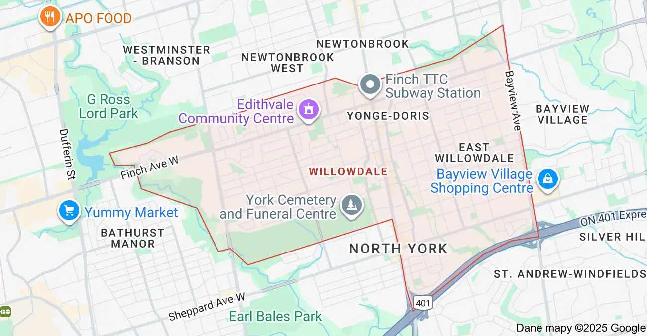 Service area map showing garbage bin rental coverage across Willowdale Toronto, including Yonge Street, Finch Avenue, and Sheppard Avenue.