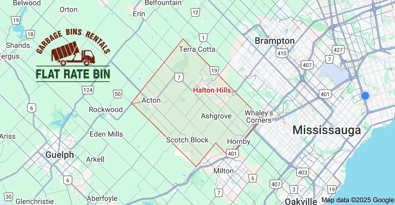 Service area map showing Flat Rate Bin garbage bin rental coverage in Halton Hills Ontario