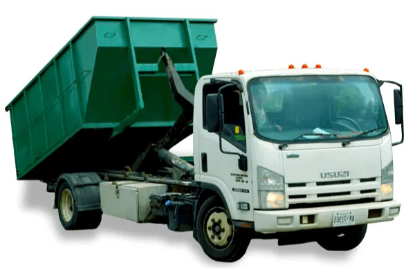 Flat rate bin rental truck delivering a green dumpster for waste disposal in Markland Wood, Toronto