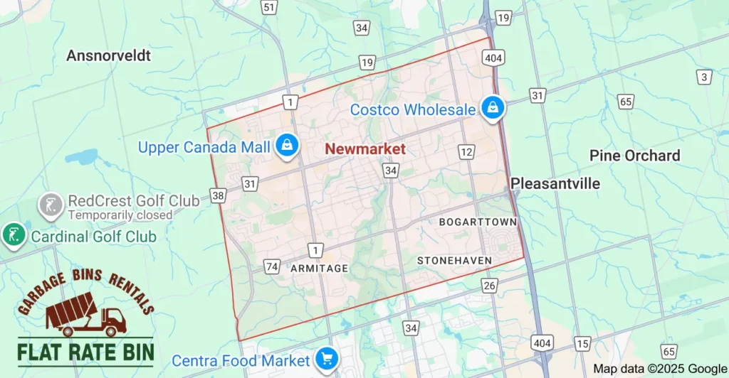 Dumpster Rental Service Area — Newmarket, Ontario Dumpster rental service area map for Flat Rate Bin in Newmarket, Ontario.