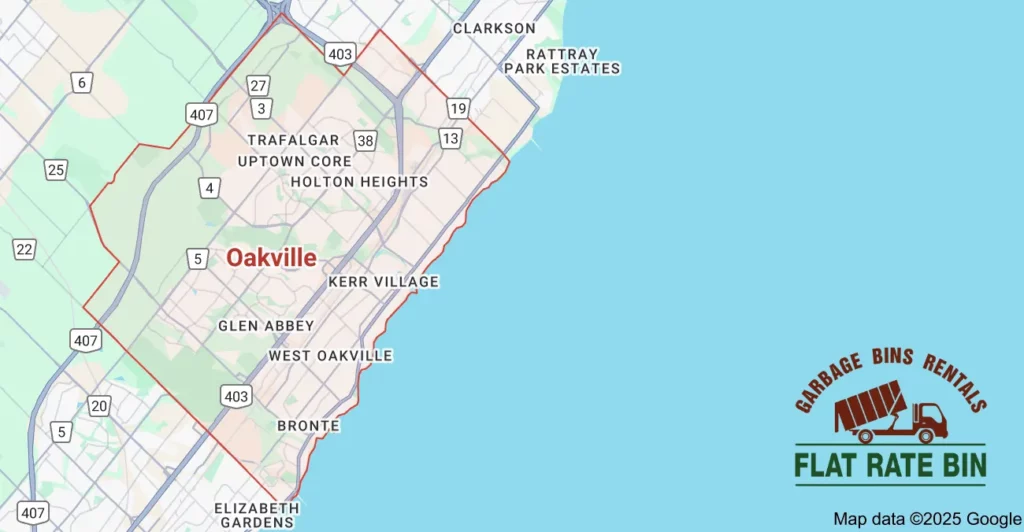 Dumpster rental service area map for Flat Rate Bin in Oakville, Ontario.