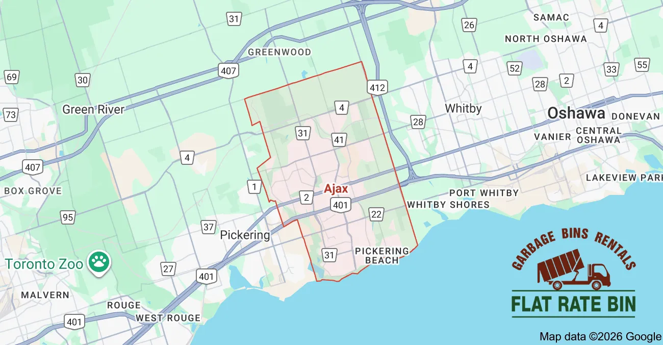 Garbage bin rental service area map showing Flat Rate Bin dumpster delivery coverage across Ajax, Ontario