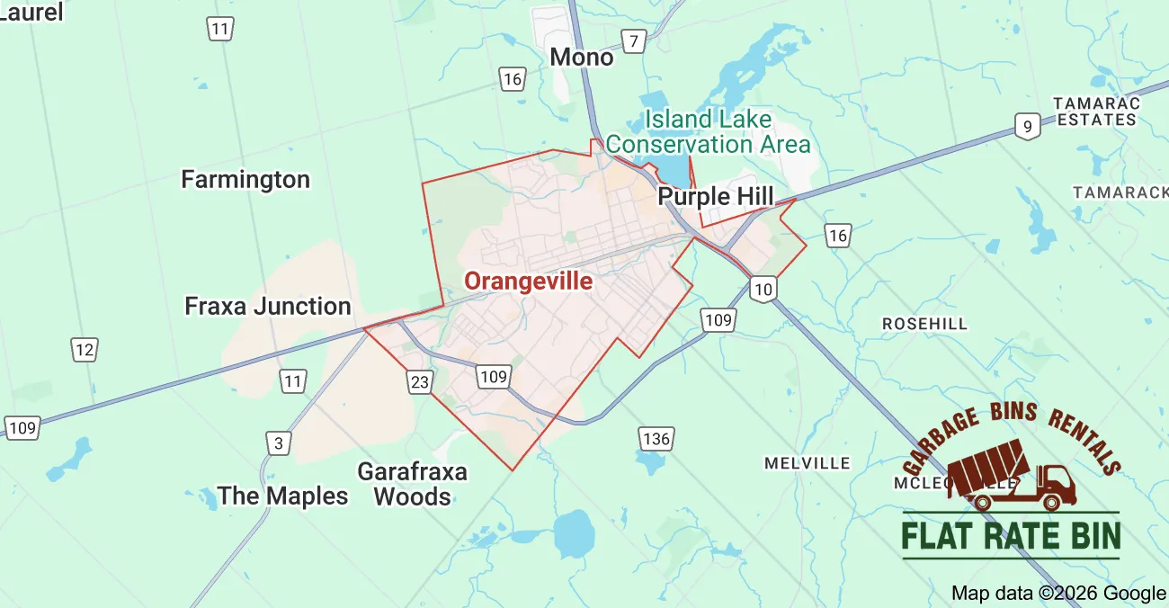 Garbage bin rental service area map showing Flat Rate Bin dumpster delivery coverage across Orangeville, Ontario