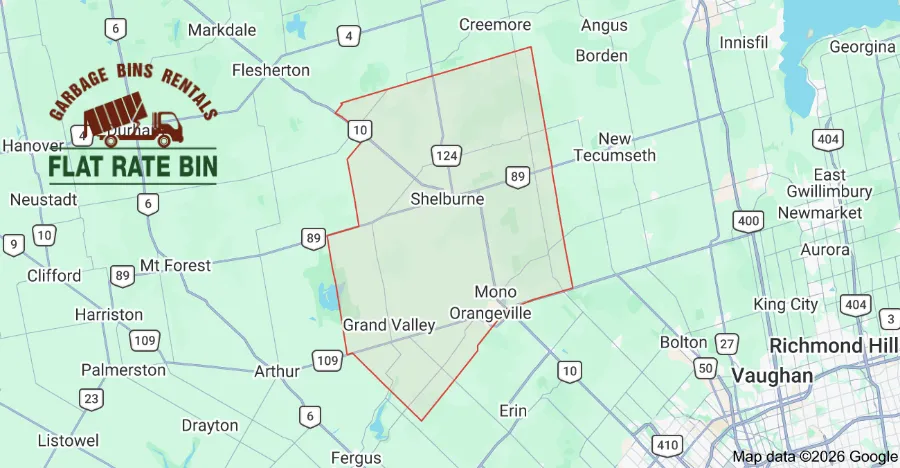 Garbage bin rental service area map showing Flat Rate Bin dumpster delivery coverage across Dufferin County Ontario