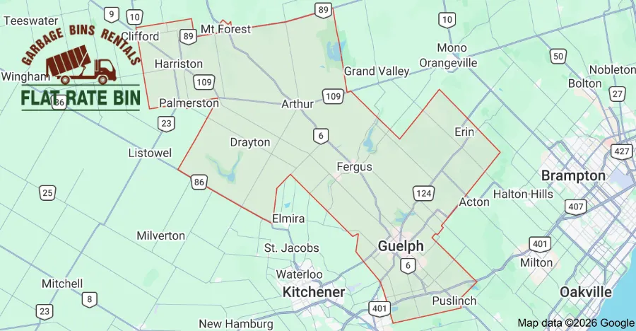 Garbage bin rental service area map for Wellington Region Ontario including Guelph Fergus Elora Erin Mount Forest and surrounding communities