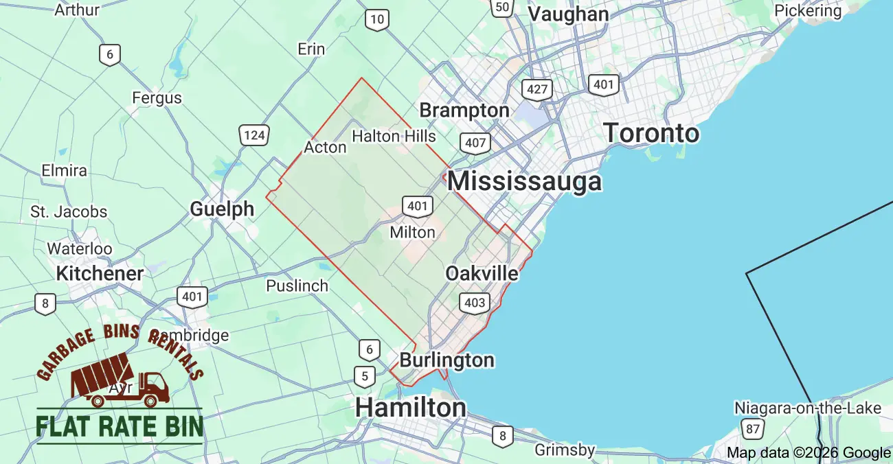 Garbage bin rental service area map showing Flat Rate Bin dumpster delivery coverage across Halton Region, Ontario