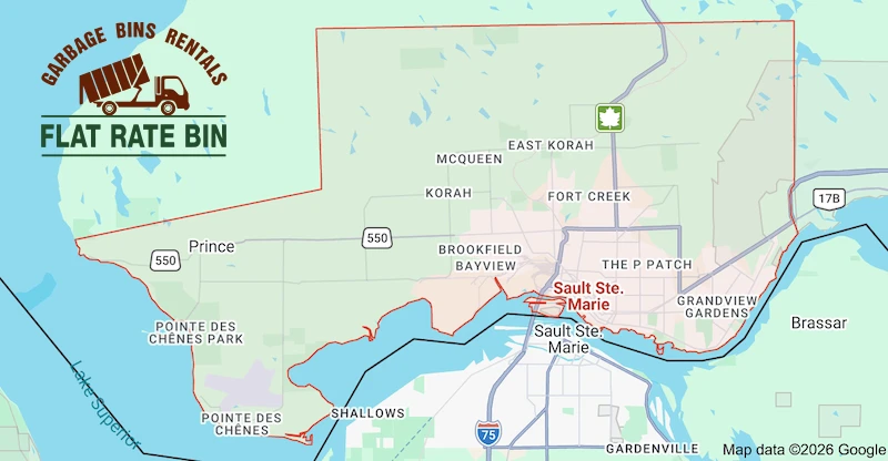 Sault Ste. Marie Garbage Bin Rental Service Area Map Map of Flat Rate Bin garbage bin rental service area in Sault Ste. Marie, Ontario